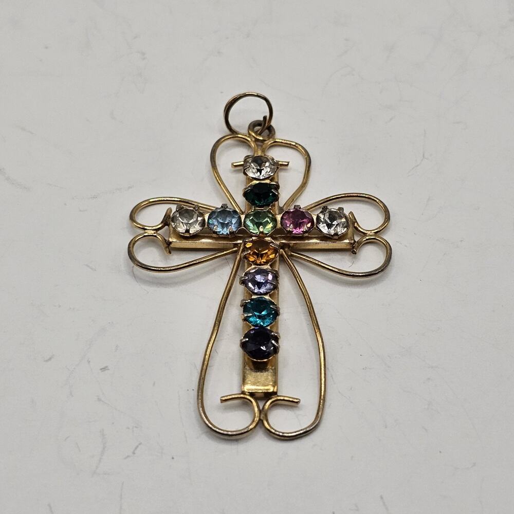 Vintage De Curtis DEC Gold Filled Cross Pendant Gems